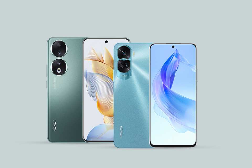 A green SIM free HONOR 90 and a cyan HONOR 90 Lite mobile phone.