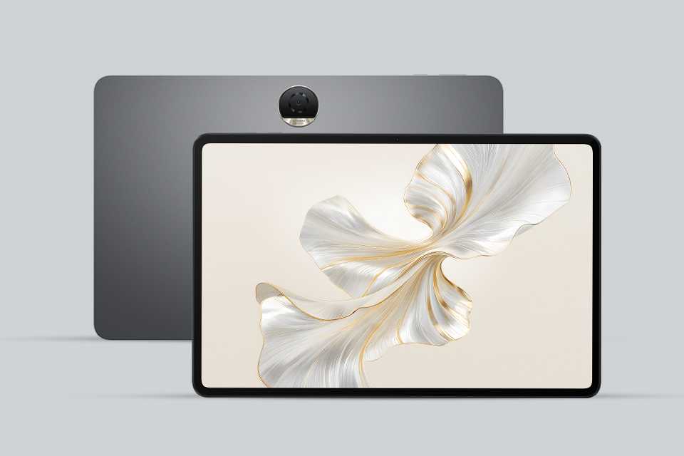 Front and back view of a grey HONOR Pad 9 with 12.1 inch Fullview display.