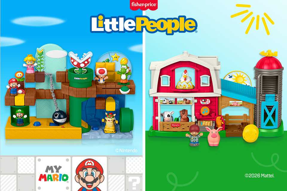 A collage depicting Fisher-Price My Mario and Caring Fun Animal Farm Little People playsets.