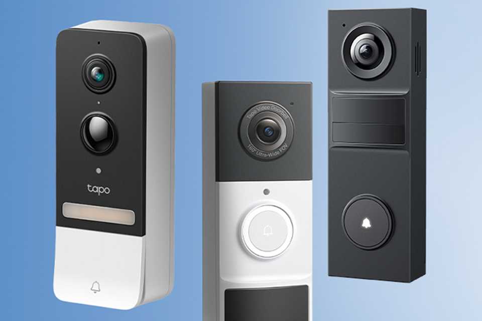 Three TP-Link Tapo smart video doorbells displayed against a blue background.