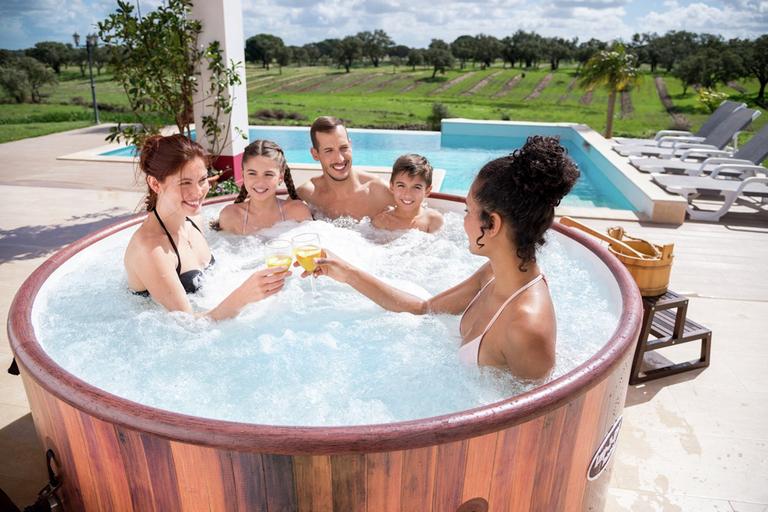 Hot tub in garden.