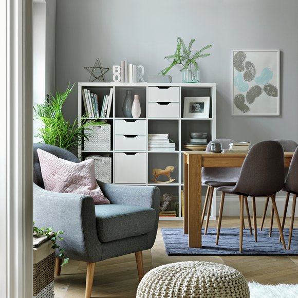Image of storage cube storage in open plan living space.