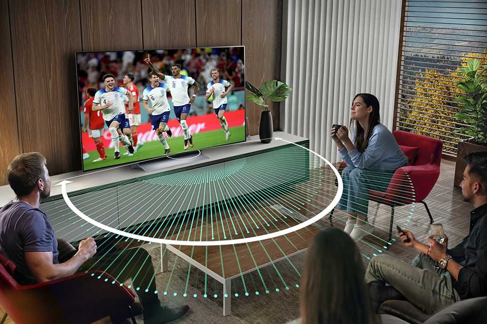 A group of friends watching a football game on LG 65 Inch OLED65C36LC Smart 4K UHD HDR OLED Freeview TV in a living room.