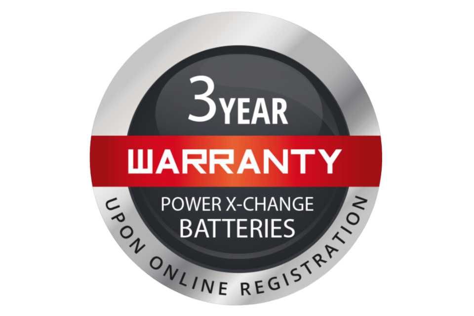 A circular logo showing 3 year warranty power x-change batteries text written on dark grey background.