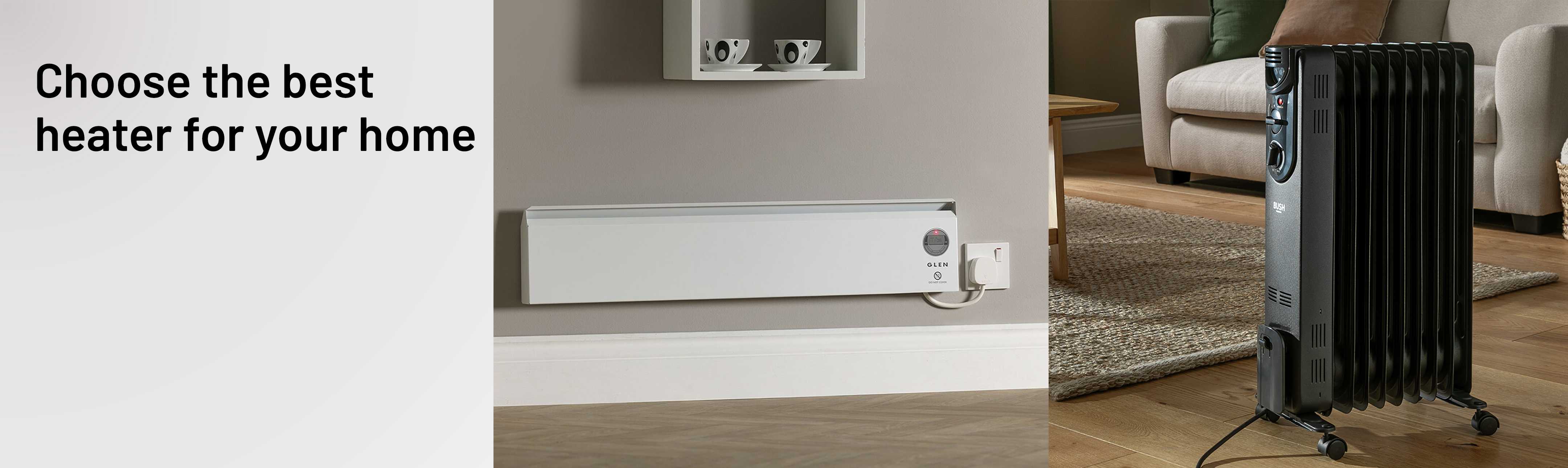 A split image of Glen 500W Wall Mounted or Freestanding Skirt Heater on one side and Bush 2kW Oil Filled Radiator on the other side.