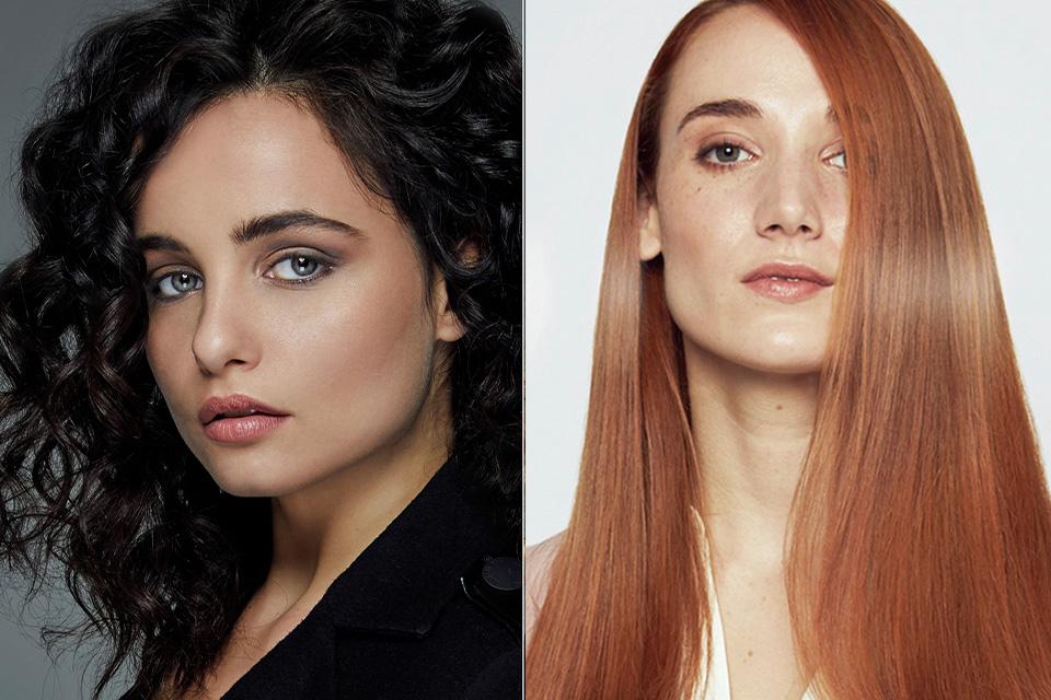 One side is a lady with short black hair and the other is a red-head lady with very long hair.