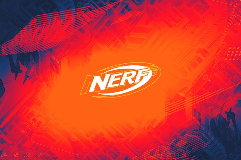 The Nerf logo against a red abstract background.