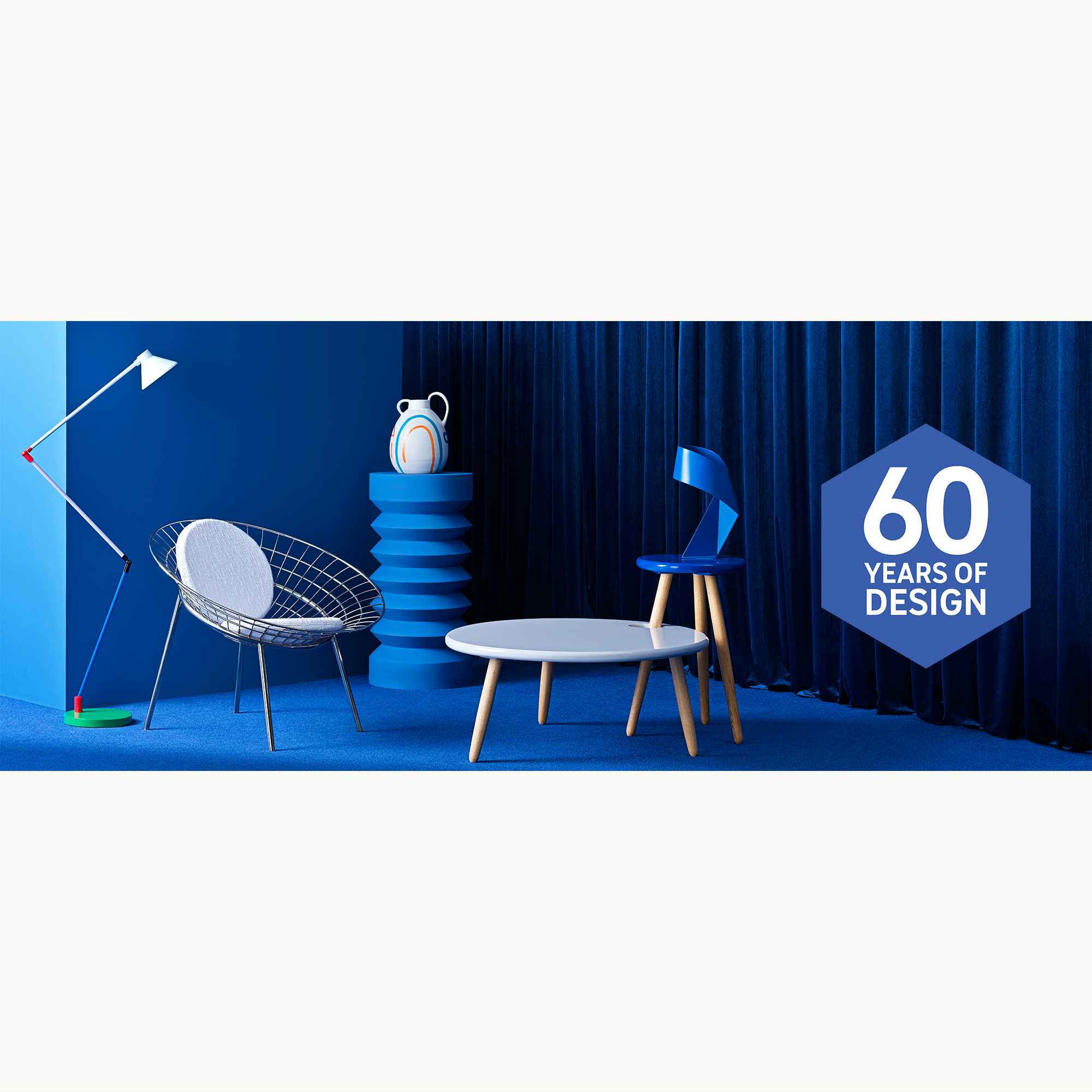 Habitat 60 years of design collection on blue background.