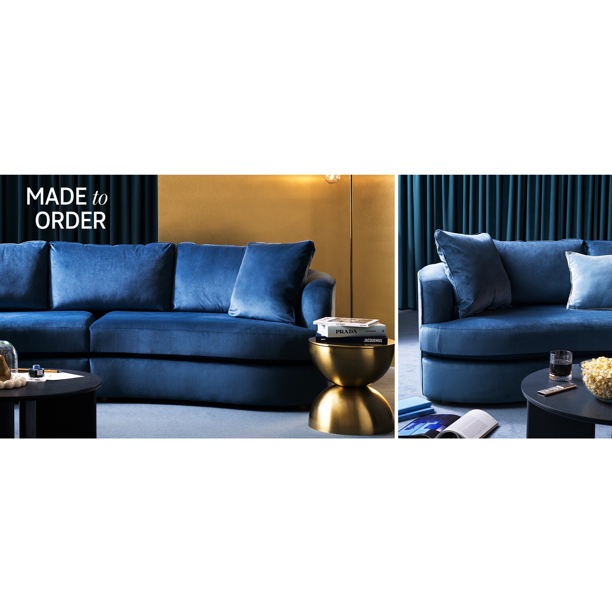 Velvet yellow sofa and chair in living room.