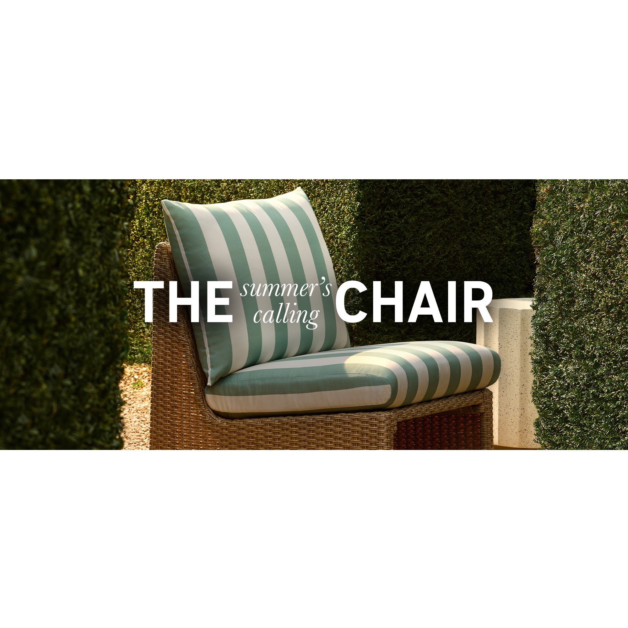 A banner with a green striped garden chair and text that says summer's calling.