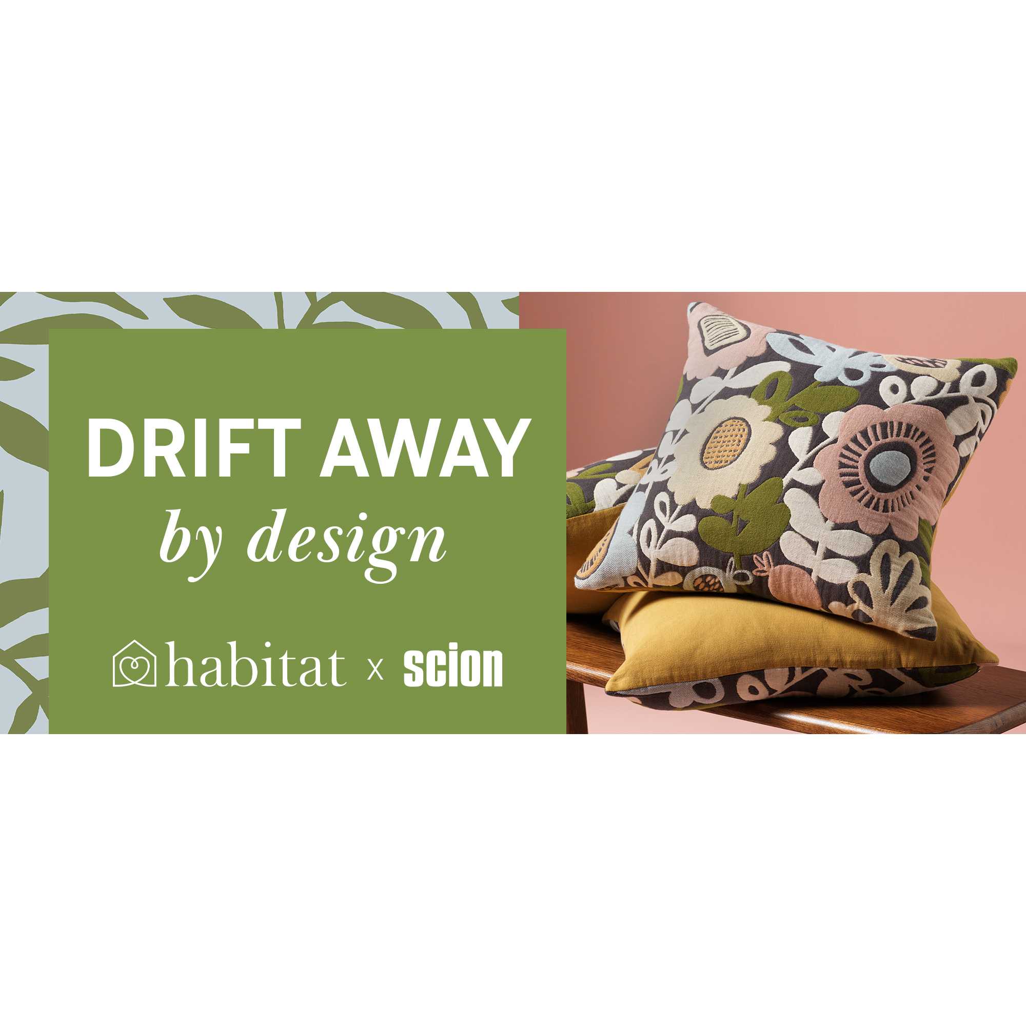 Scion x Habitat banner with a colourful floral printed cushion.