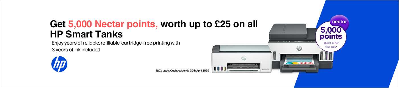 Get 5,000 Nectar points, worth up to £25 on all HP Smart Tanks. Enjoy years of reliable, refillable, cartridge-free printing with 3 years of ink included.