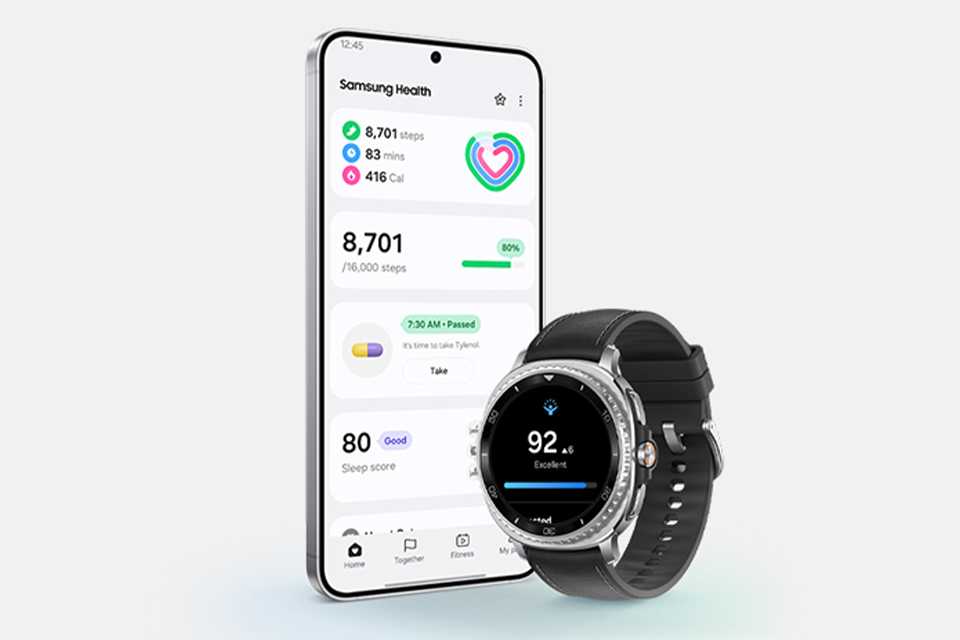 Samsung mobile phone and Galaxy watch displayed demonstrating Auto Switch feature.