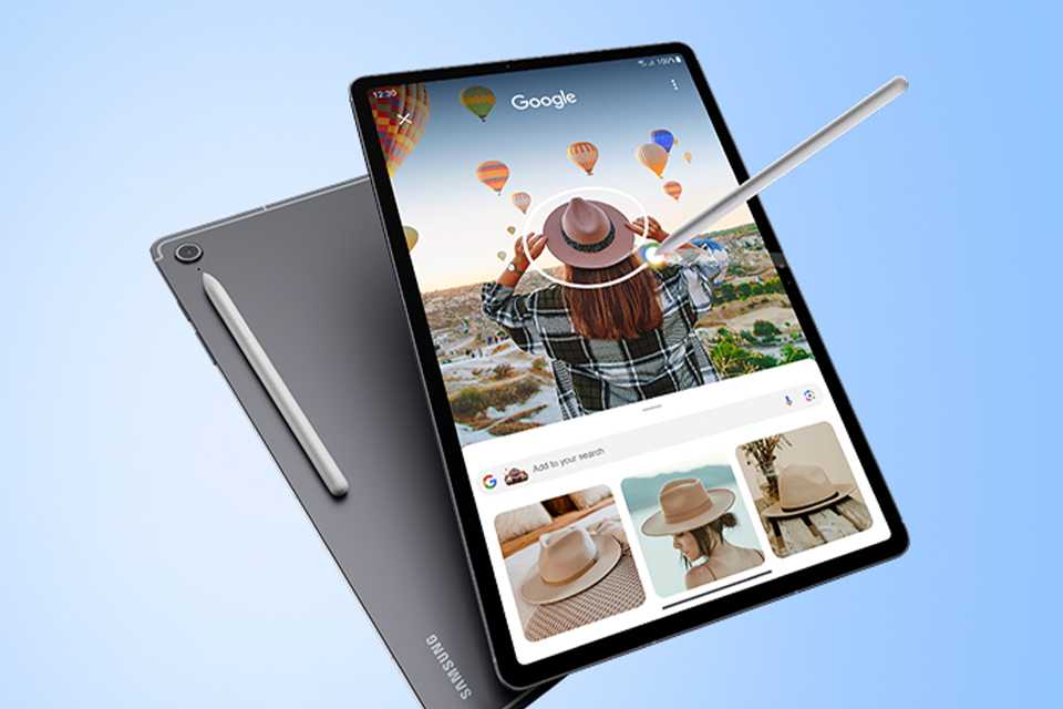 Front and back of a grey Samsung Galaxy Tab S10 FE+ with S Pen displayed against blue background.
