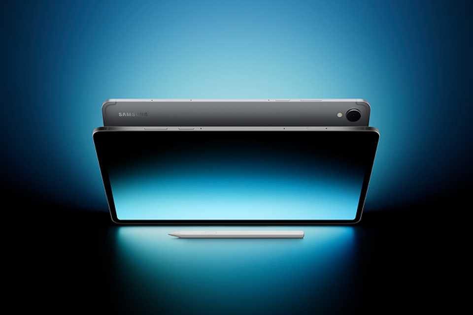 Samsung Galaxy Tab S11 with S Pen displayed against a blackish blue background.