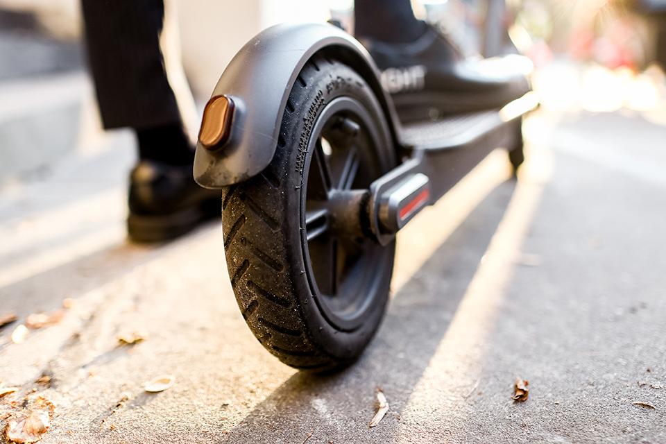 Close up of electric scooter tyre.
