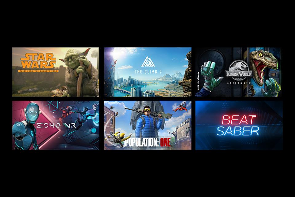 Image shows various games including Star Wars, Beat Saber and Jurassic World.