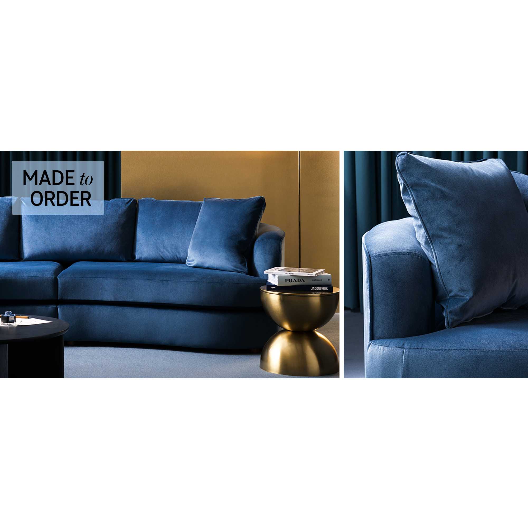 Velvet green sofa in living room.