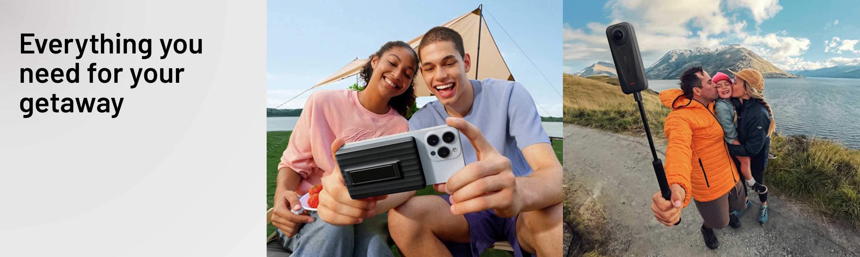 A split image of a couple looking at a phone connected to EcoFlow Rapid Mag 10000mAh Portable power bank outside a tent and family of 3 clicking a selfie using Insta360 X4 Air Action Camera.