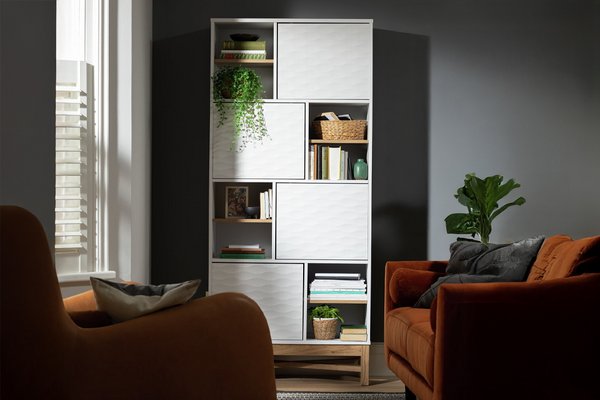 A collage featuring a Habitat Hopkins Tall Bookcase - Walnut and a Habitat Zander Tall Shelving Unit - Two Tone.
