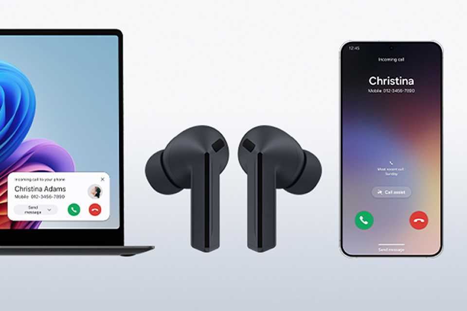 Samsung Galaxy smartphone, buds and book displayed demostrating Auto switch feature.