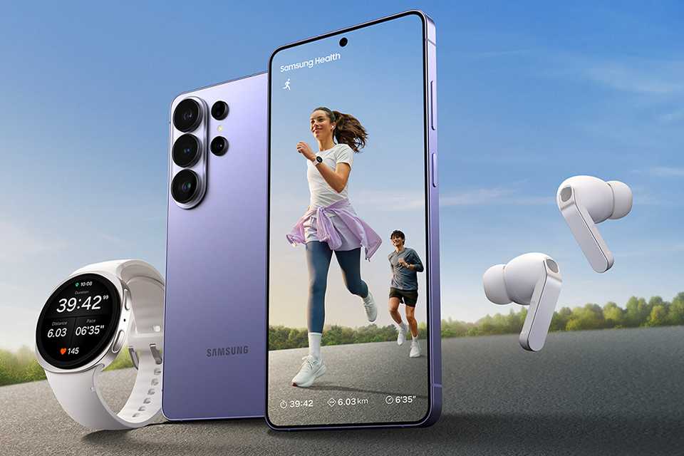 Samsung Galaxy ecosytem of smartphone, earbuds and smart watch.