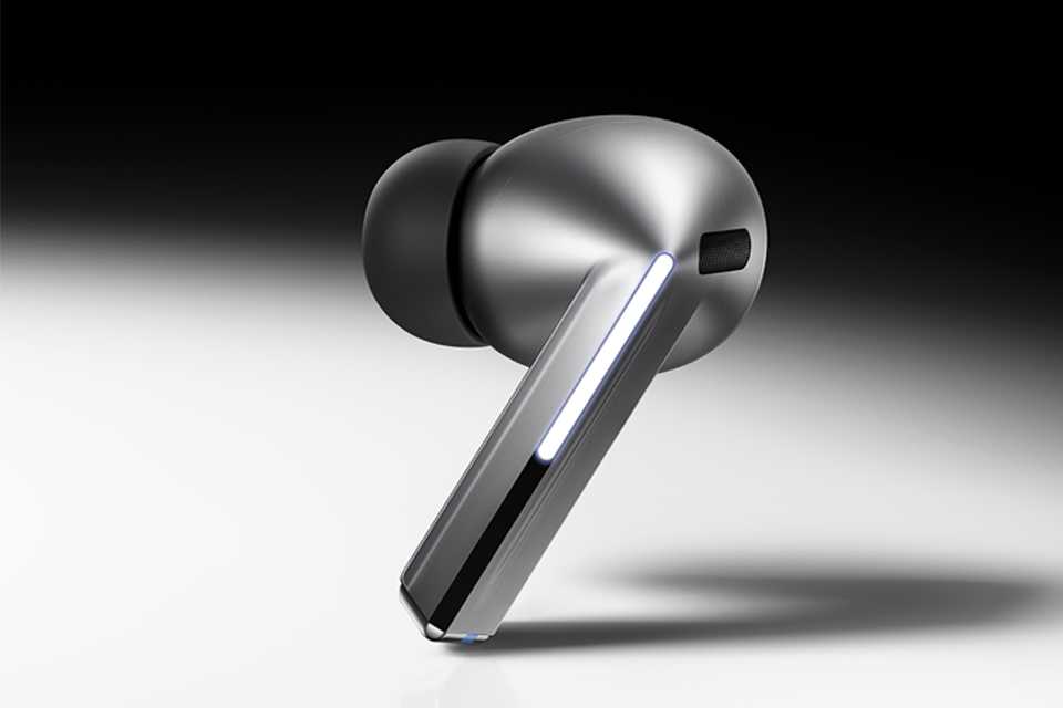 Samsung Galaxy Buds3 Pro in metal finish displayed.