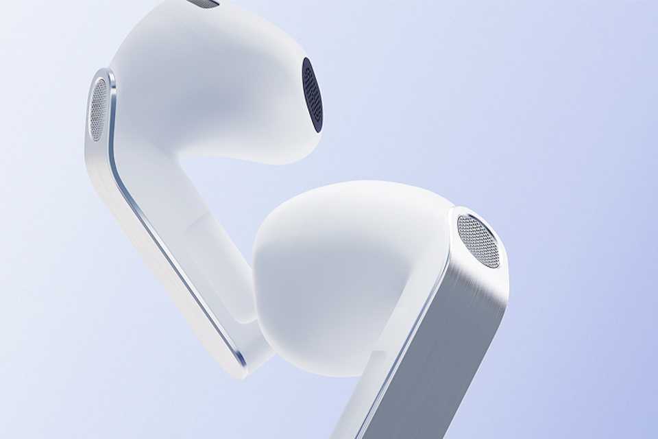 Samsung Galaxy Buds4 displayed against a bluish white background.
