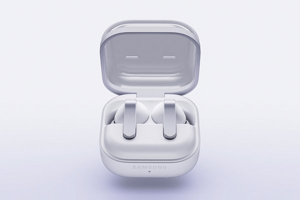 Samsung Galaxy Buds diaplayed inside the case against a white background.