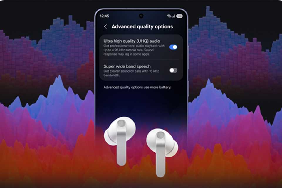 Samsung smartphone with Galaxy Buds4 Pro placed on top.