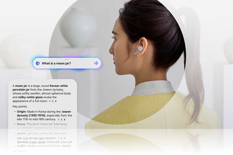 Samsung Galaxy Buds in ear with AI text overlay.