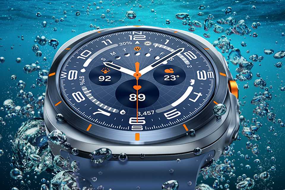 Samsung Galaxy Watch Ultra displayed against an aqua background.