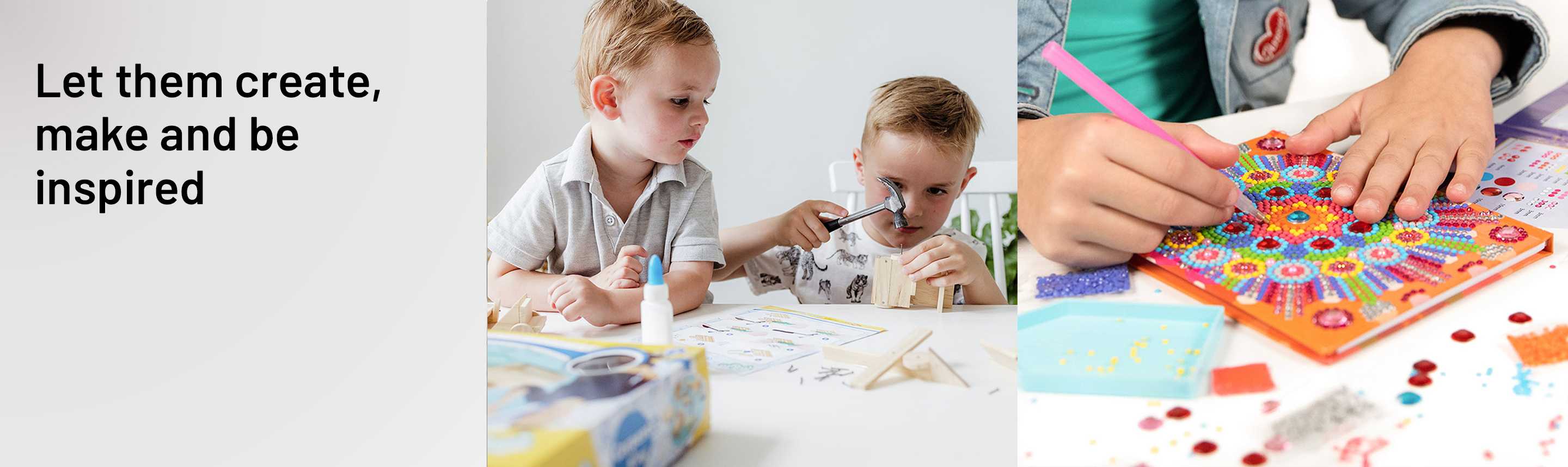 A split image of kids playing with Totum Carpenter King Craft Set on one side and a girl creating Totum Diamond Paint Notebook Kaleidoscope Mandala on the other.