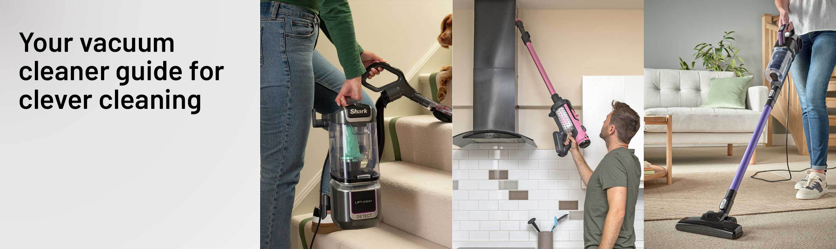 A picture collage of Shark Detect Pet Pro Corded Upright Vacuum Cleaner, Hetty Quick Cordless Vacuum Cleaner, and Bush 2-in-1 Corded Stick Vacuum Cleaner.