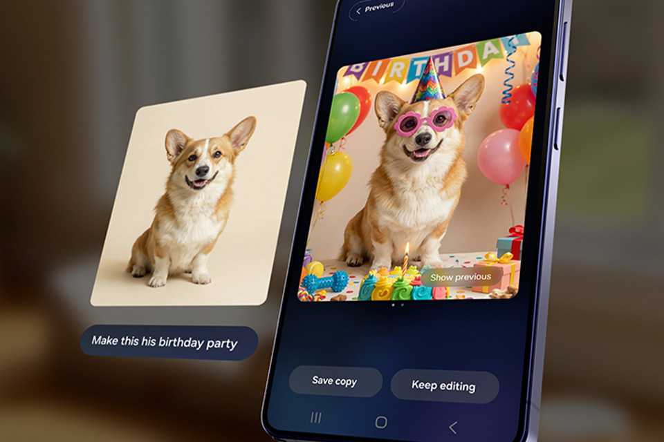 Photo Assist feature with a dog picture shown on Galaxy S26 Ultra smartphone.
