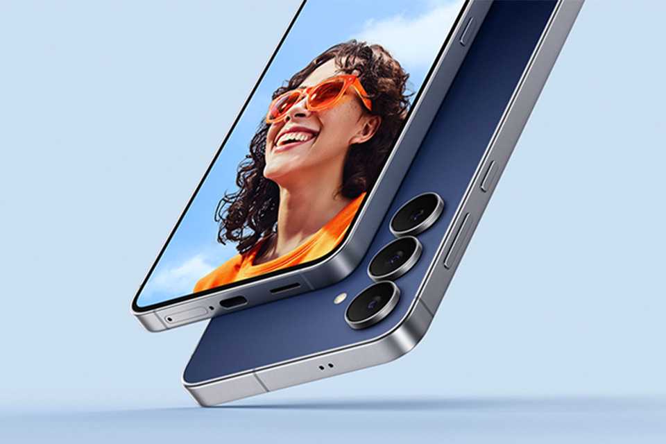 A blue Samsung Galaxy S25 FE smartphone displayed.