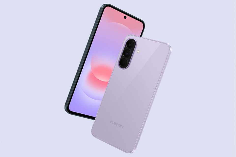 Front and back of Galaxy A37 5G mobile displayed device on lilac background.