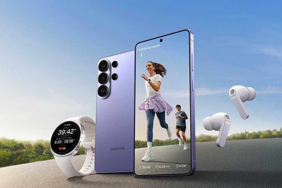 Samsung Galaxy ecosytem of smartphone, earbuds and smart watch.