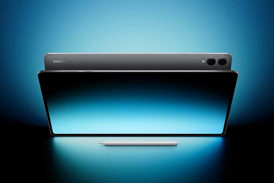 Samsung Galaxy Tab S11 with S Pen displayed against a blackish blue background.