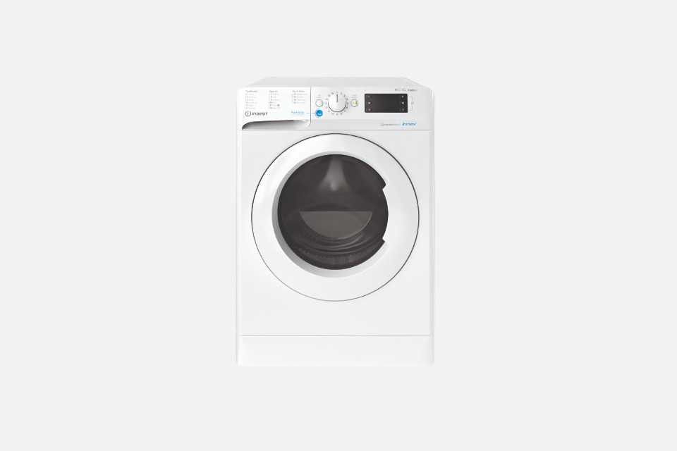 A white Indesit 10/7kg spin washer dryer.