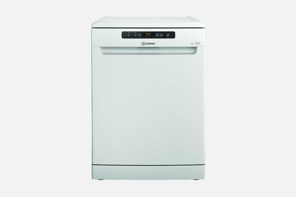 A white Indesit full size freestanding dishwasher.
