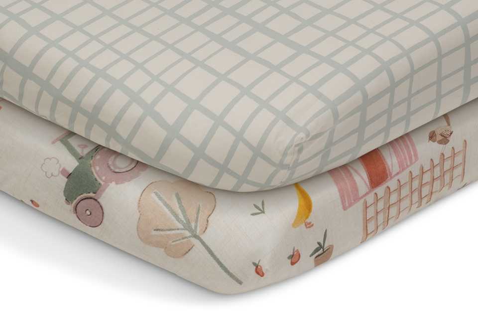 Two Habitat cotton little farm nursery fitted sheets for cots.