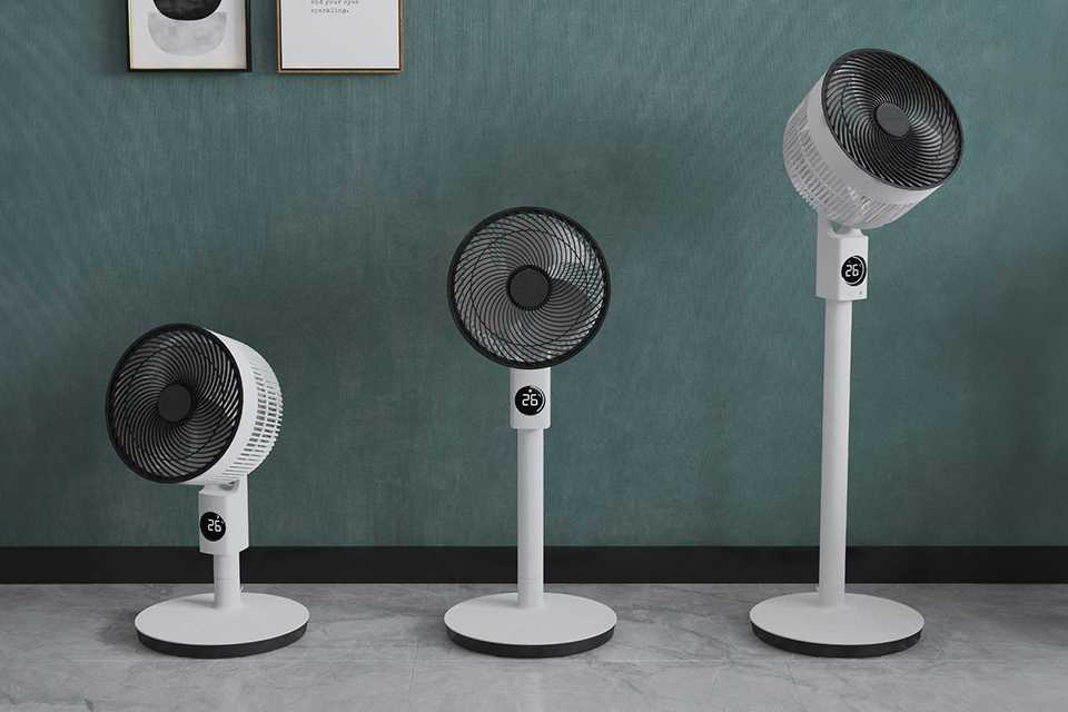 3 10 inch Meaco Sefte White Pedestal Fan placed in a room set at different heights.