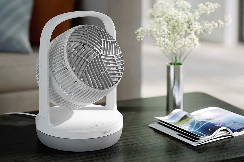 8 inch Philips 2000 Series White & Grey Desk Fan placed on a coffee table.