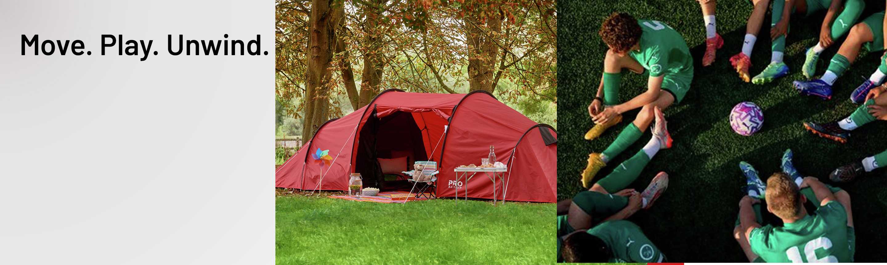A collage showing a Pro Action 6 Person 3 Room Tunnel Camping Tent and a team of football players with a Puma Orbita Play Premier League Brilliance Football.