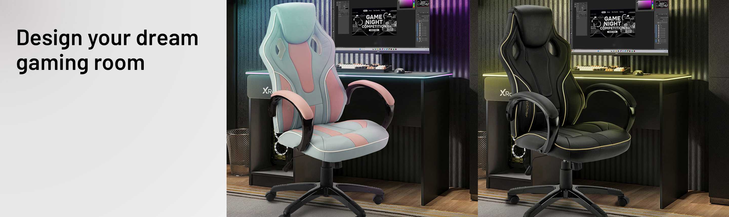 X Rocker Maverick Office Gaming Chair - Bubblegum and X Rocker Maverick Office Gaming Chair - Black and Gold.