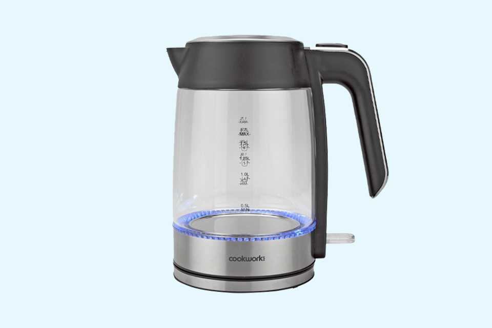A glass and stainless steel Cookworks illuminating kettle.