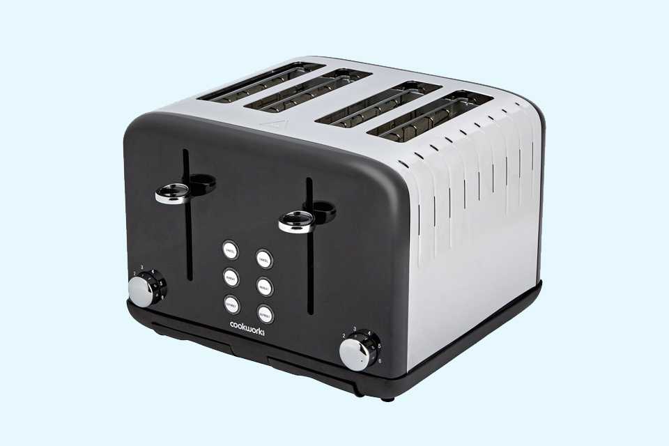 A Black Cookworks Pyramid 4 slice toaster.