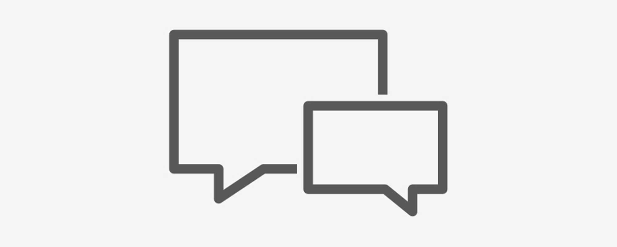 Black line diagram of two speech bubbles referring to Cookworks product support.