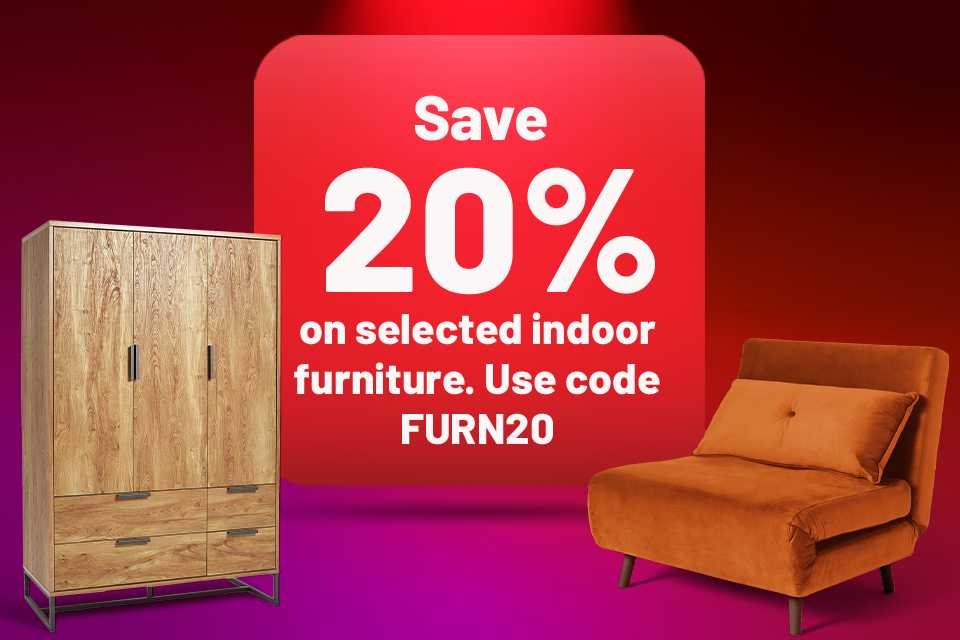 Save 20% on selected indoor furniture use code FURN20. Save on selected furniture. Includes beds, sofas, dining sets & more.